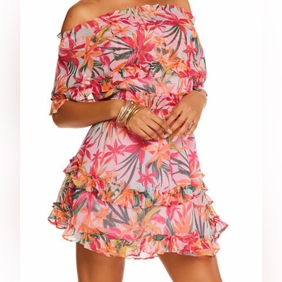 Jessica Simpson off Shoulder Ruffle Tropical Print Dress Size Large - Picture 1 of 13